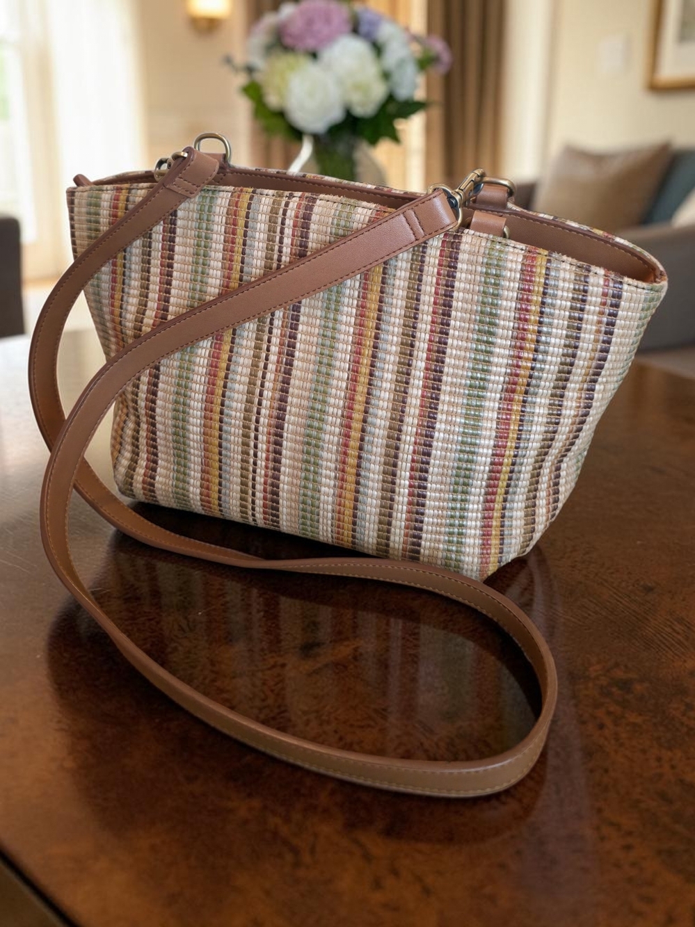 Fossil Boho Woven Crossbody Bag Multicolor Stripe Leather Trim